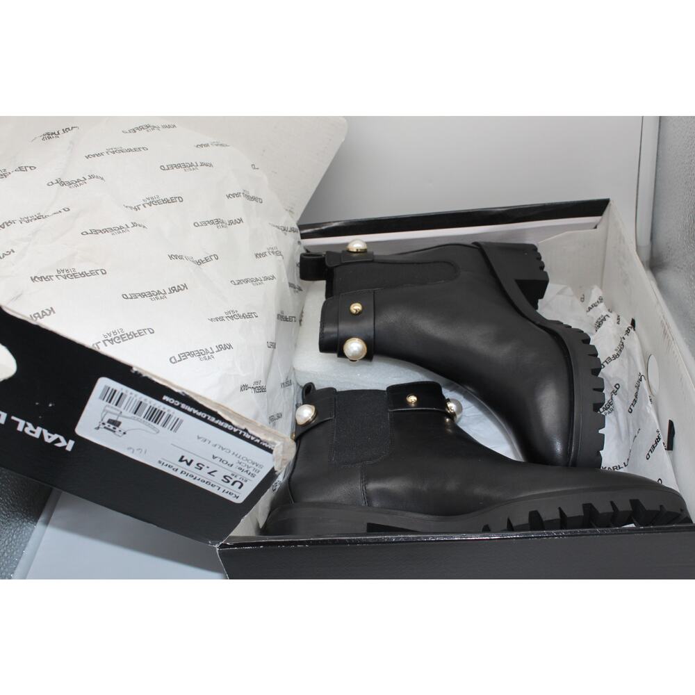NWT Karl Lagerfeld Paris Pola Black Smooth Calf Lea Gold Pearl Boots Size 7.5M - Picture 12 of 13